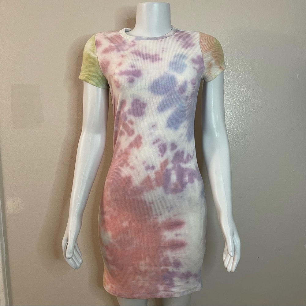 Pink purple tie dye ribbed short sleeve bodycon mini dress
